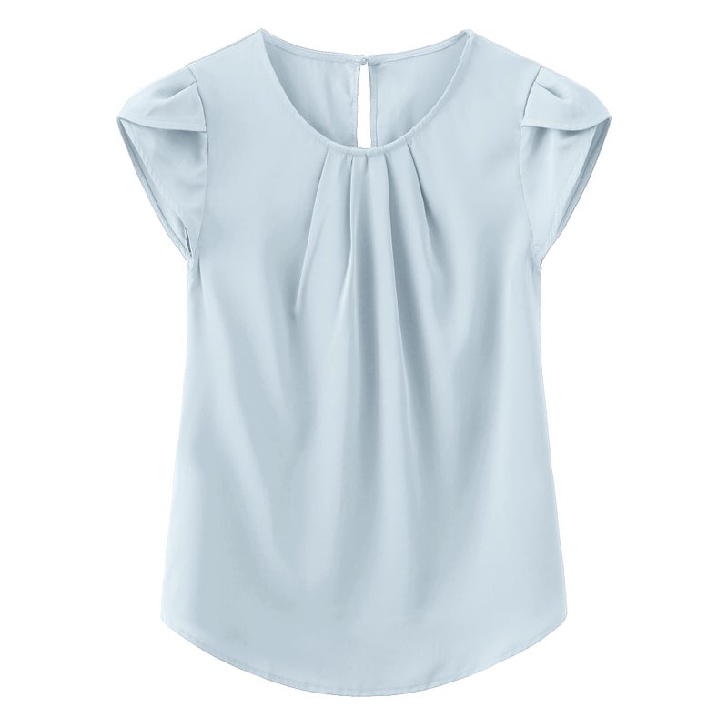 TASAMO Women's Casual Round Neck Basic Pleated Top Cap Sleeve Curved Keyhole Back Chiffon Blouse (Large, Light Blue) - Image 1